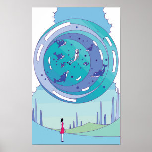 Póster Esfera flotante con delfines nadando en ella.