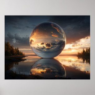 Póster Esfera reflectante surrealista con nubes de puesta