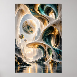 Póster Esferas flotantes de oro verde arquitectura orgáni