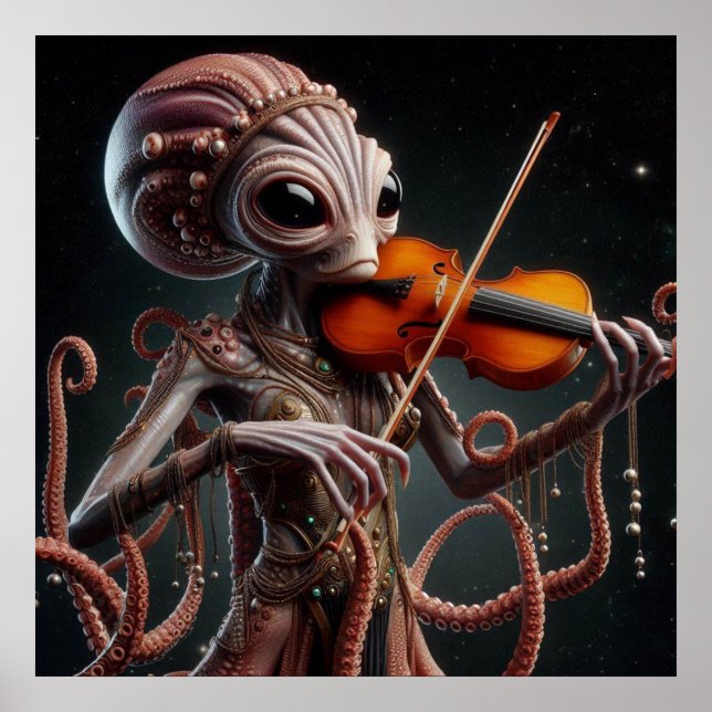 Póster Espacio Alien Femail Octopus Jugando Violín (Frente)