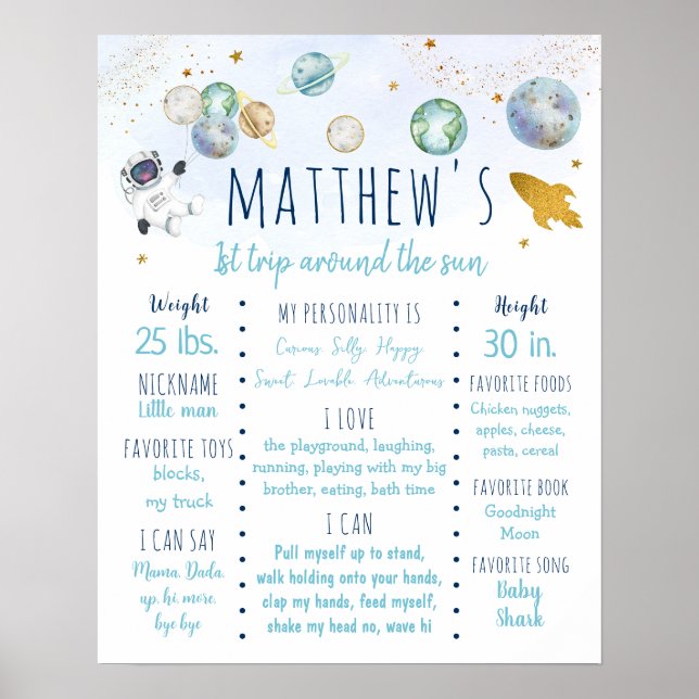 Póster Espacio astronauta Oro Azul Primer hito de cumplea (Frente)