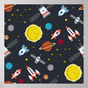 Póster Espacio de cohetes globo sistema solar y cosmos pl