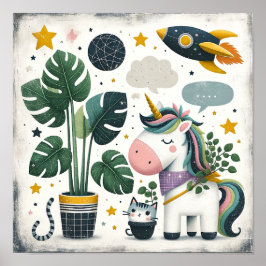Póster Espacio Explorer Unicornio con niños gatos Sala Ar