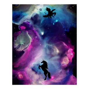 Póster Espacio fantástico nebulosa unicornio dragón azul