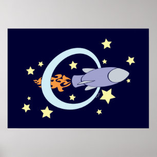 Póster Espacio retro para niños de cohete azul oscuro