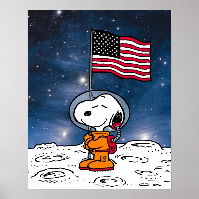 Póster ESPACIO | Snoopy Con Astronauta De Bandera (Frente)