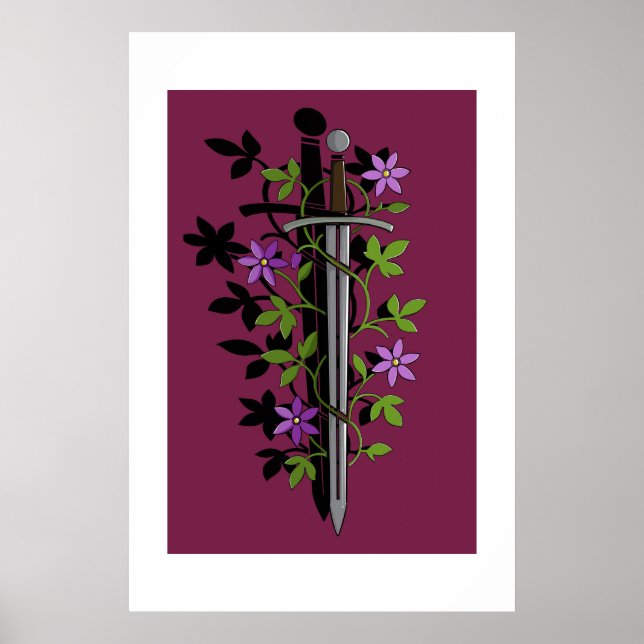 Póster Espada & Clemátide – Hoja Floral Medieval (Frente)