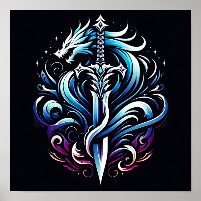 Póster Espada de dragón místico guerrero de fantasía llam (Frente)