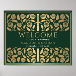 Póster Espada de oro verde letrero de bienvenida de boda