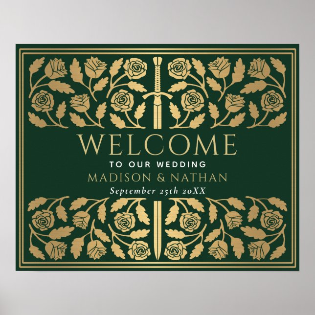 Póster Espada de oro verde letrero de bienvenida de boda  (Frente)