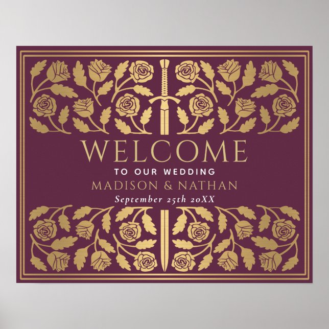 Póster Espada dorada malva Cartel de bienvenida de boda r (Frente)