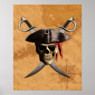 Póster Espadas Y Mapa De Calaveras Piratas