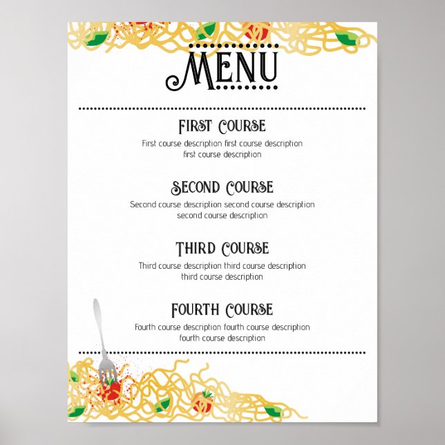 Póster espagueti pasta italiana cena fiesta menú de resta (Frente)