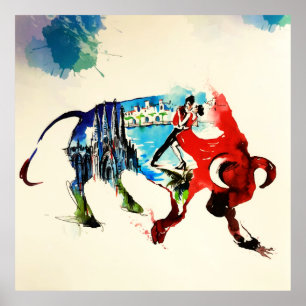 Póster España Bull Vintage Travel Love Watercolor