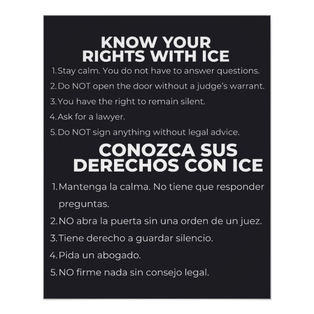 Póster español e inglés Conozca Sus Derechos ICE (Anverso)