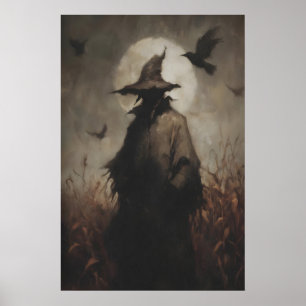 Póster Espantapájaros Bruja En Maizal Bajo Luna Llena Con