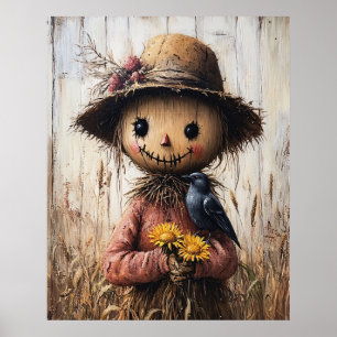 Póster Espantapájaros caprichoso sosteniendo girasoles