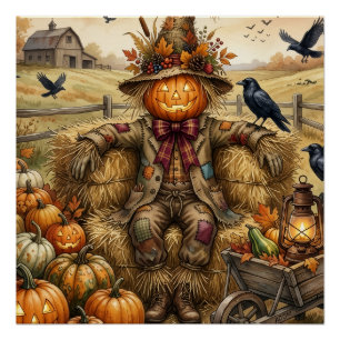 Póster Espantapájaros con calabazas y cuervos granja de o