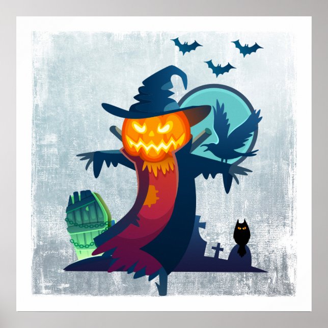 Póster Espantapájaros De Halloween Con Leche Y Lechuza (Frente)