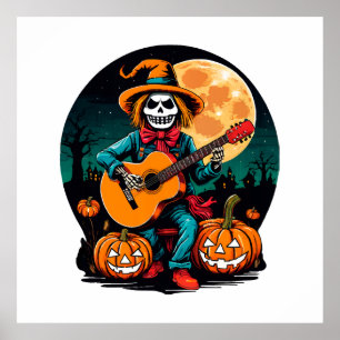 Póster espantapájaros toca la guitarra y celebra Hallowee