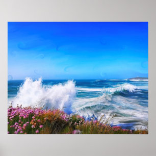 Póster Espectacular ola impresionista con flores rosas