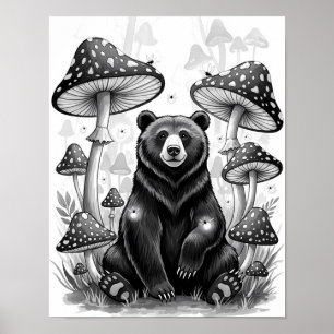Póster Espectacular oso forestal y hongos mágicos