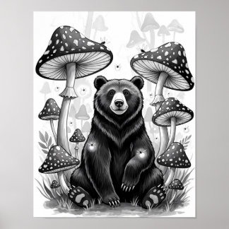 Póster Espectacular oso forestal y hongos mágicos