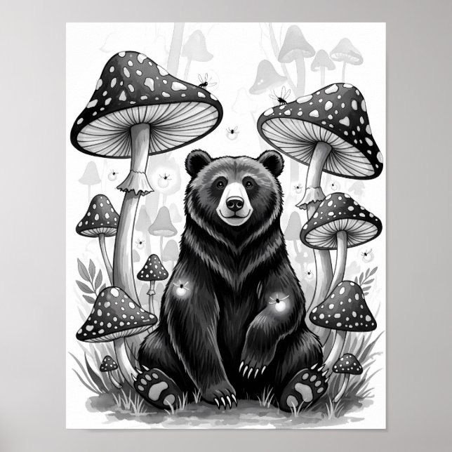 Póster Espectacular oso forestal y hongos mágicos (Frente)