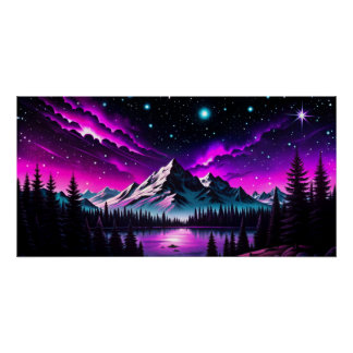 Póster Espectacular paisaje montañoso bajo el cielo noctu