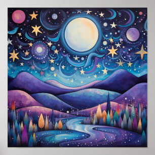 Póster Espectacular paisaje nocturno de la luna grande