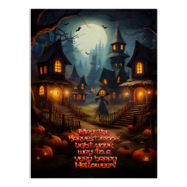 Póster Espectacular pueblo de Halloween con cuervo asusta