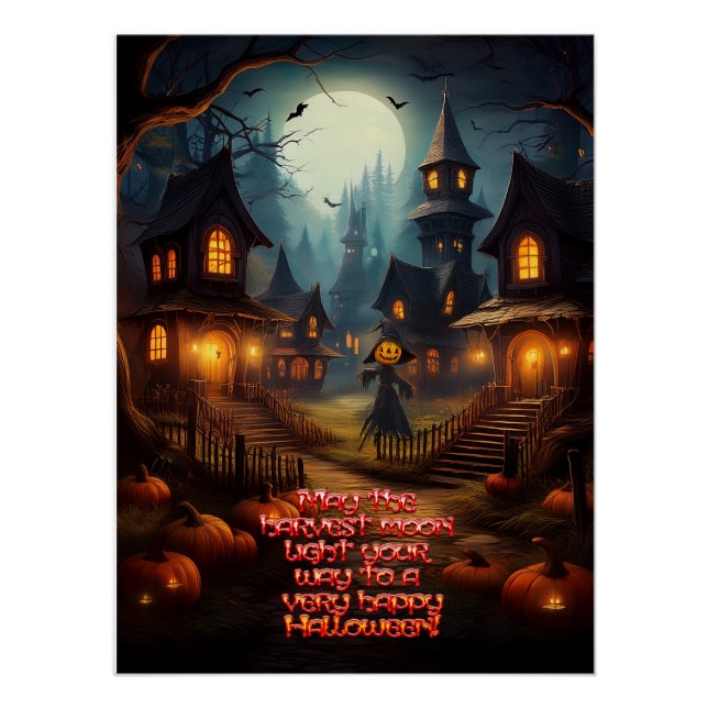 Póster Espectacular pueblo de Halloween con cuervo asusta (Anverso)
