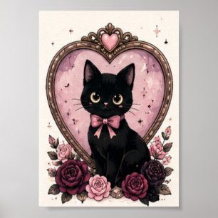 Póster Espejo Vintage Rosa Gato Negro Halloween