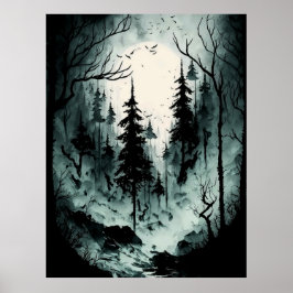 Póster Espeluznante bosque de tinta blanca y negra en la 