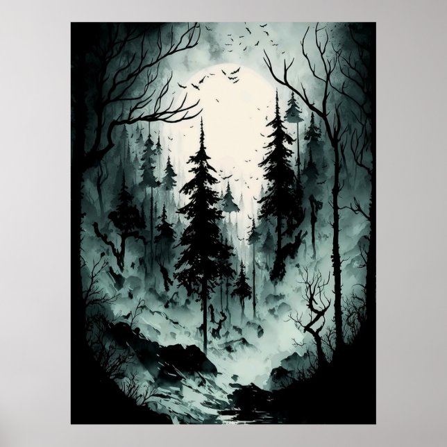 Póster Espeluznante bosque de tinta blanca y negra en la  (Frente)