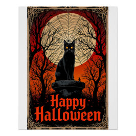 Póster Espeluznante Gato Negro Feliz Halloween Vintage Gó