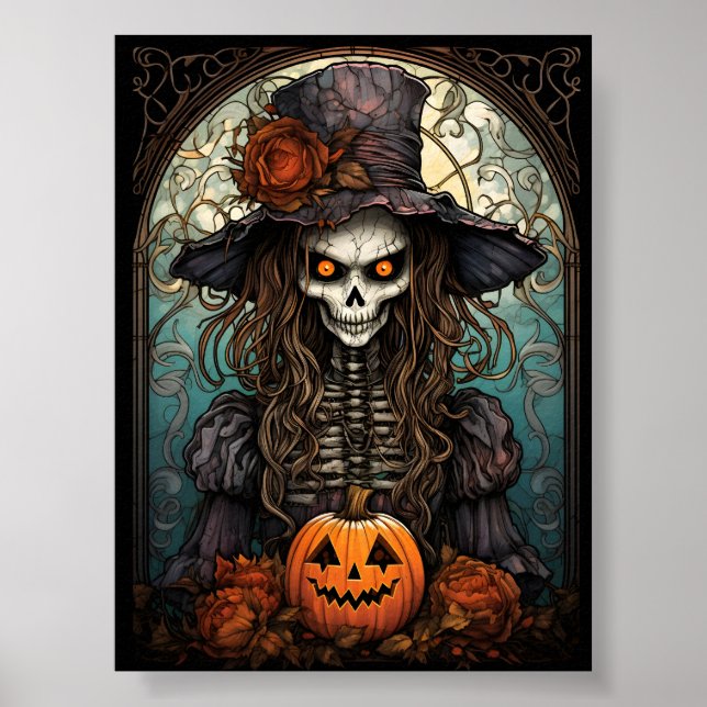 Póster Espeluznante Halloween Bruja Y Calabaza Naranja (Frente)