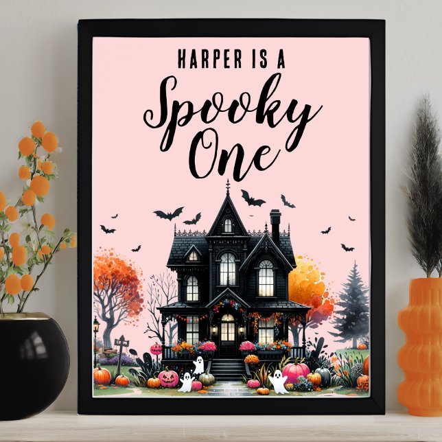 Póster Espeluznante Rótulo de fiesta de cumpleaños de Hal (Spooky One Pink Halloween Birthday Party Sign)