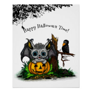 Póster Esperando Halloween, Murciélago y Cuervo Lindos