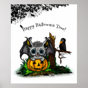 Póster Esperando Halloween, Murciélago y Cuervo Lindos