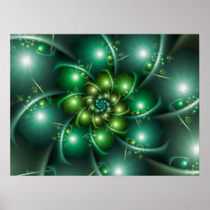 Póster Espiral fractal verde de flor de abertura