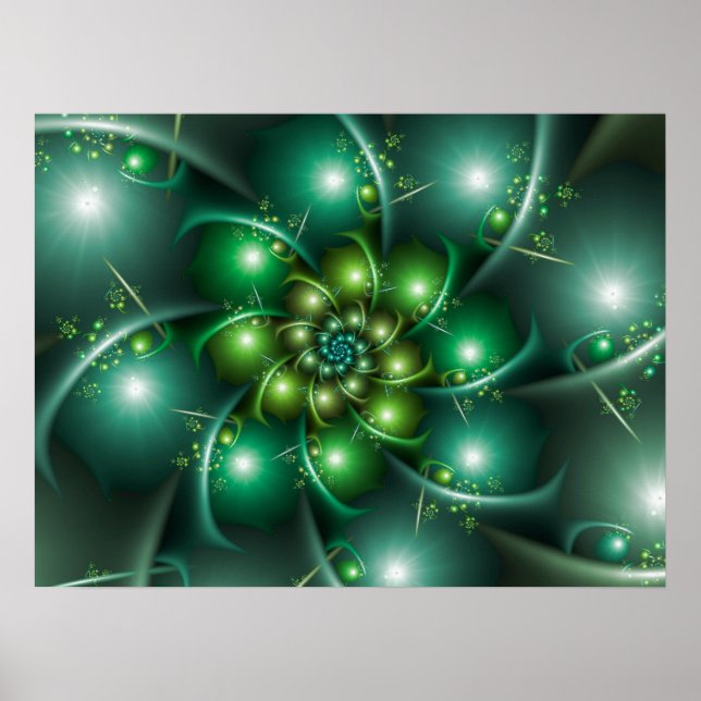 Póster Espiral fractal verde de flor de abertura (Frente)