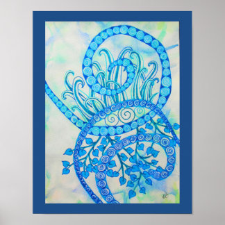 Póster Espirales y plantas abstractas de color azul inten