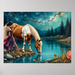 Póster Espíritu de mujer y caballo Palomino en el agua
