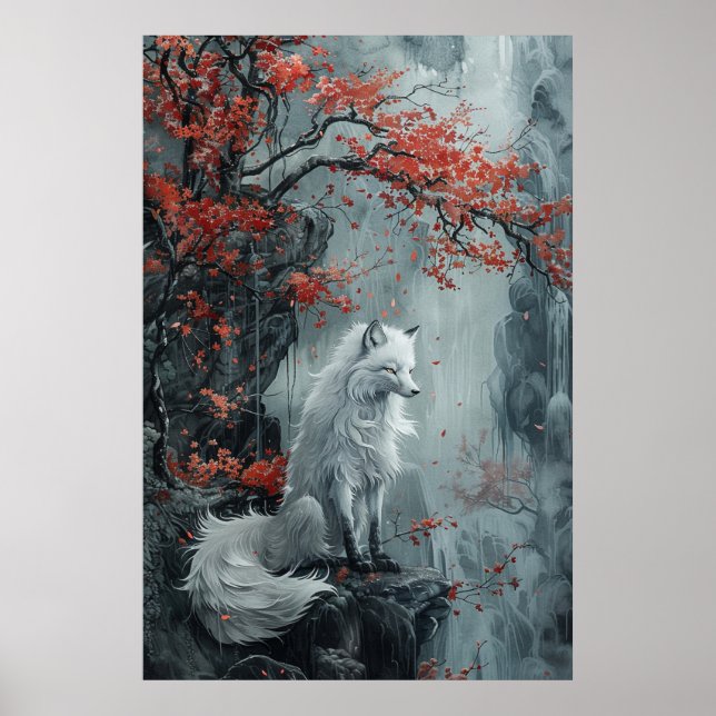 Póster Espíritu Kitsune – Zorro Japonés en Bosque en Flor (Frente)