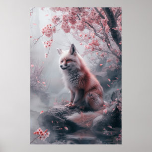 Póster Espíritu Kitsune – Zorro Japonés en Bosque en Flor