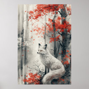 Póster Espíritu Kitsune – Zorro Japonés en Bosque en Flor