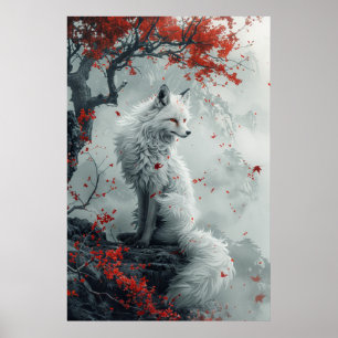 Póster Espíritu Kitsune – Zorro Japonés en Bosque en Flor