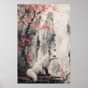 Póster Espíritu Kitsune – Zorro Japonés en Bosque en Flor