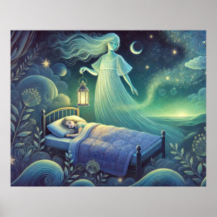 Póster Espíritu nocturno con linterna sobre niño dormido